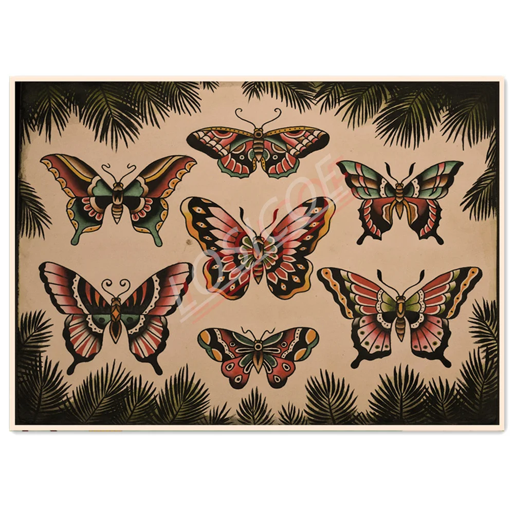 

Colorful Butterfly Old School Tattoo Art Picture Wall Hanging Painting Vintage Kraft Posters and Prints Wall Chart Decor Drawing