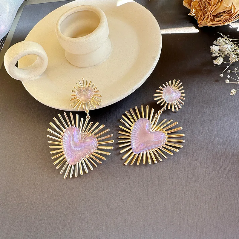 New Cute Heart Drop Earrings for Woman with Pink Opal Golden Teens Unusual Korean Hanging Earrings Trend 2023 Fashion Accessory