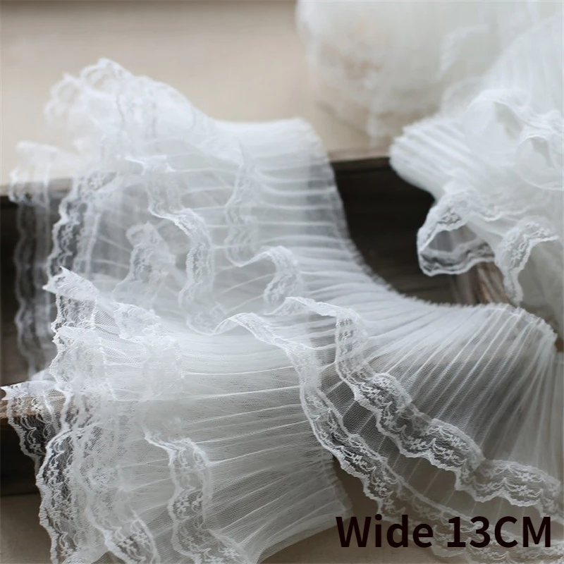 

13CM Wide Double Layers White Pleated Lace Embroidery Fringe Ribbon Dress Collar Guipure Fabric Elastic Ruffle Trim Sewing Decor
