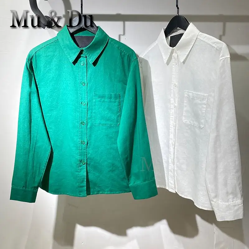 

Mu&Du 2023 Summer Women's Basic Green Shirt Simple Loose Office Lady Blouse New Single Breasted Long Sleeves Pocket Blusas Tops