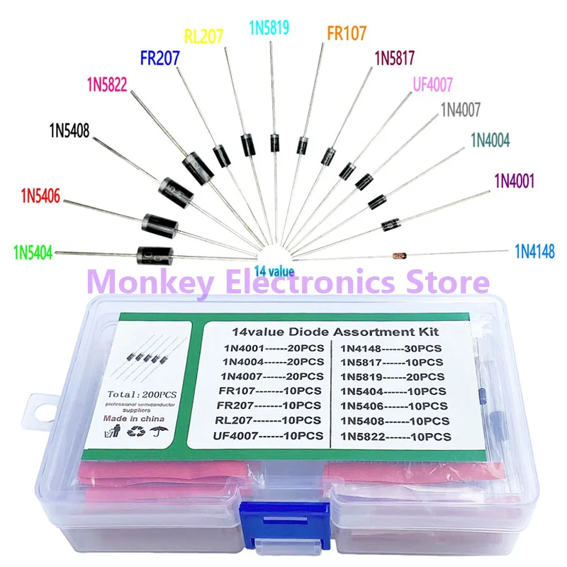 

200pcs Schottky Diode Rectifier Diode Sample Box Set Individually Packed FR107 1N4148 1N5408 1N4007 1N5817 14Value