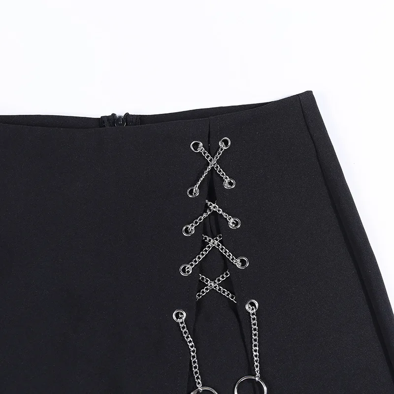 Summer High Waist Gothic Dark Skinny Cool Girls Skirts Shorts Bandage Hole Necklace Women Slim Zipper Punk Mini Bottom Shorts