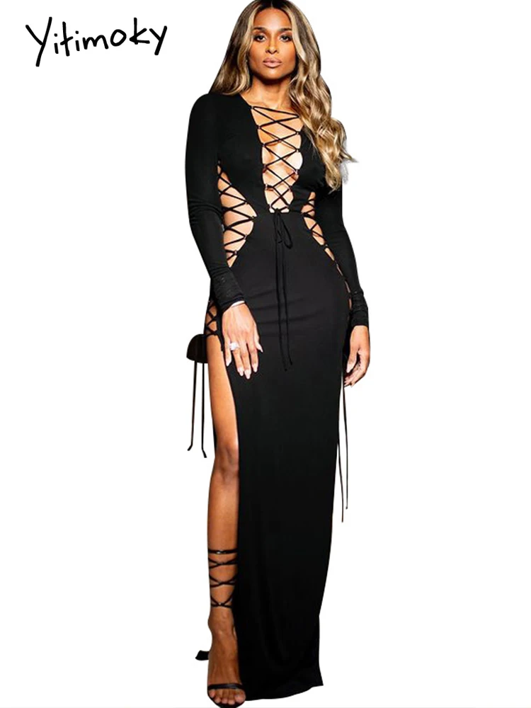 

Yitimoky Plus Size 5XL Bandage Lange Jurk Vrouwen Lente Lange Mouwen See Through Lace Up Hoge Split Backless Avond party Vestito