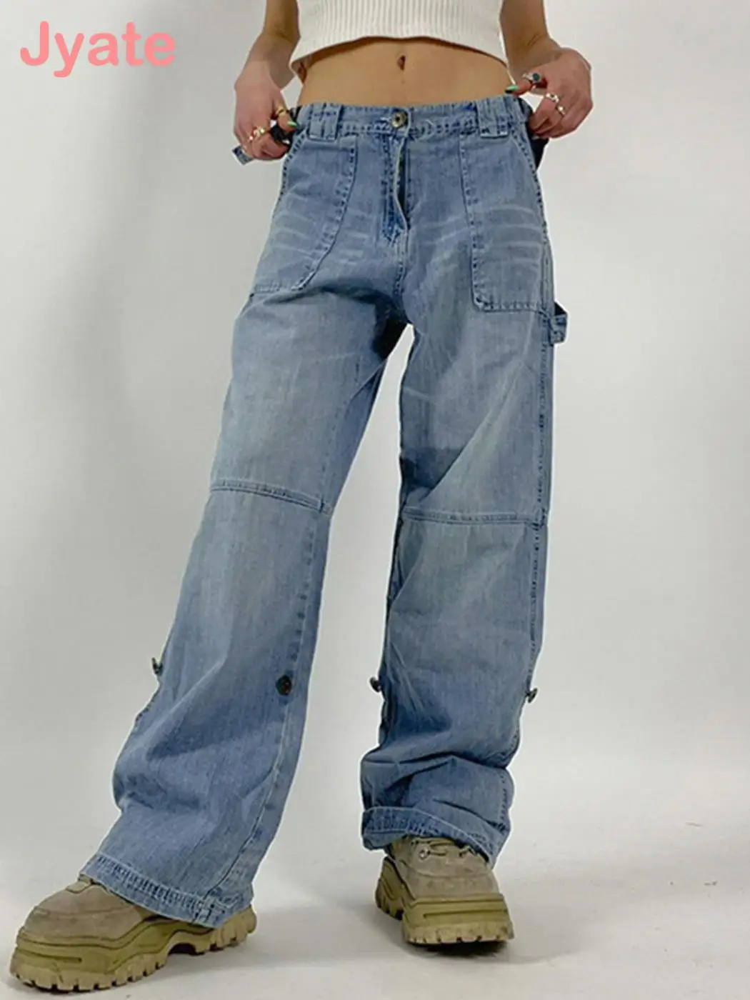 

Jyate Retro Grunge Denim Jeans Women Y2k Streetwear Chic Pocket Low Rise Straight Trousers Harajuku Vintage Casual Baggy Pants