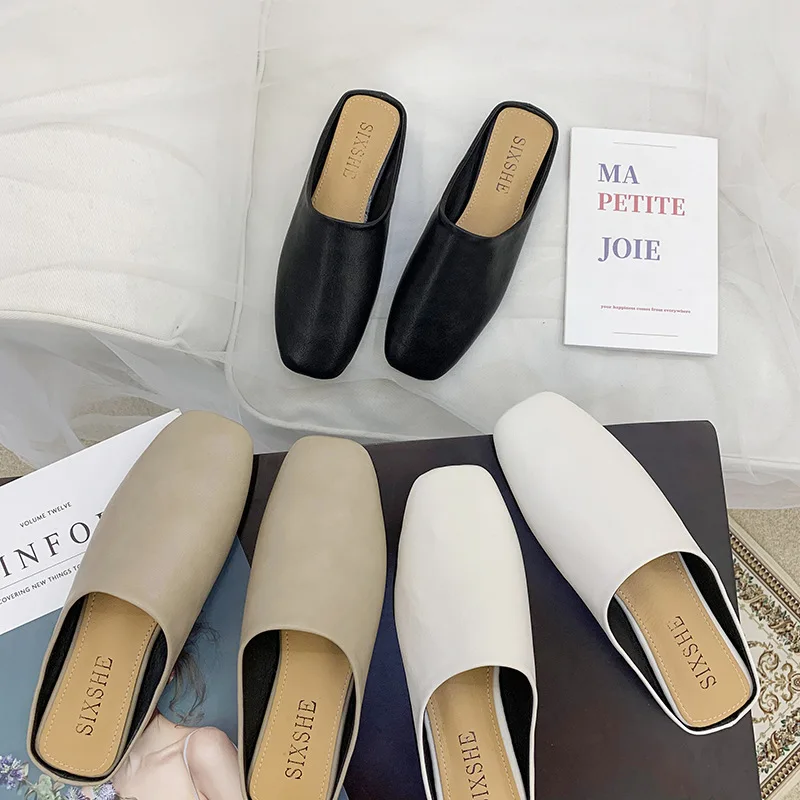 

Square Toe Rubber Slippers Shoes Low Slides Slipers Women Cover 2023 PU Fabric Rome Basic Retro Hoof Heels Shoes Womens Slippers