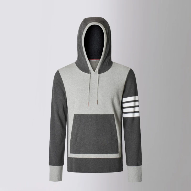 TB THOM Men's Sweatshirt Korean Fashion Gray Patchwork Hooded Sweatshirts Stripes Pulllovers Hoodies Harajuku Casual Coats