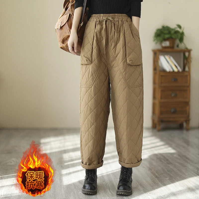 

Vintage Pocket Plaid Casual Harun Pants Women's Autumn And Winter Jacketed Warm Cotton Pants