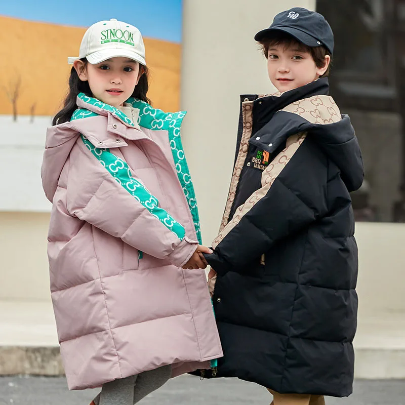 Boys Girls Medium Long Down Jacket Parka Suit 8-17 Old High Quality White Duck Down Filling 2022 Winter Thicke Warm Coat Clothes