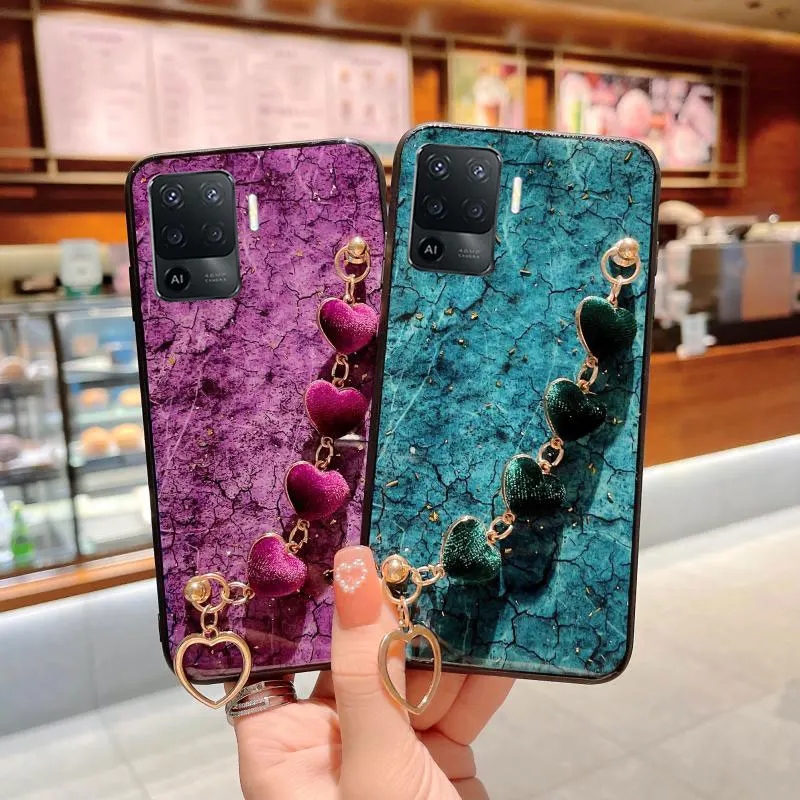 

Love Heart Bracelet Case For OPPO A94 5G Luxury Chain Marble Silicone Cover Case A94 A74 A54s A15 A16 S A54s A96 A95 5G