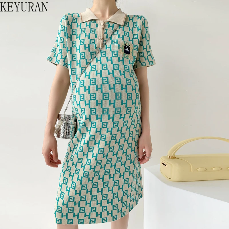 

French Plaid Maternity Dresses 2022 Summer New Loose Short Sleeve Lapel Thin Knitted Dress Pregnancy Clothes for Pregnant Women