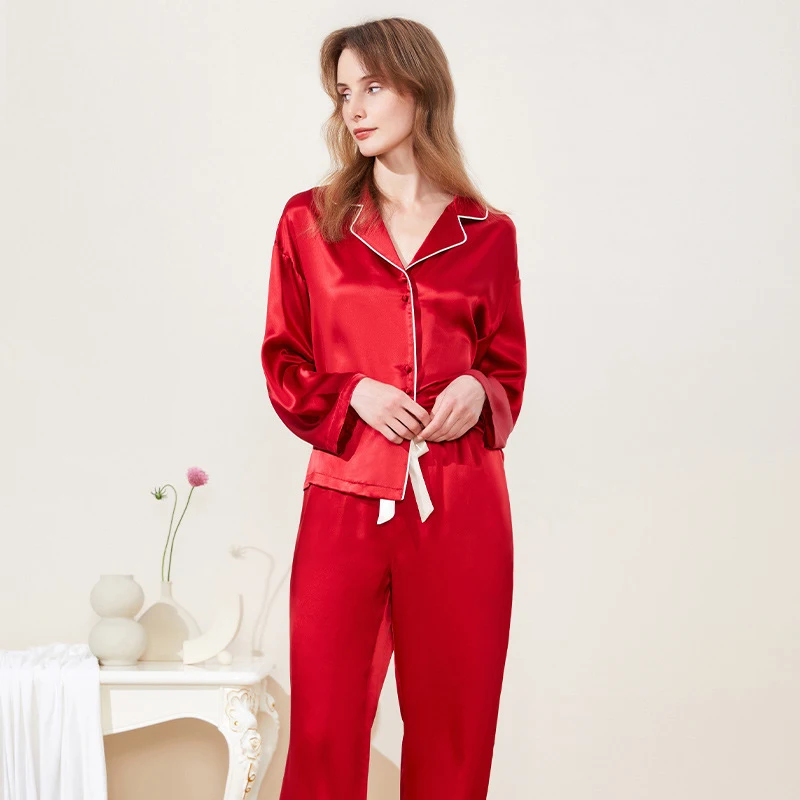 2023 NEW Summer 19mm 100%Silk Pajamas Set Women Silk Homewear Cardigan Sleepwear Red Blue High Quality Clothing