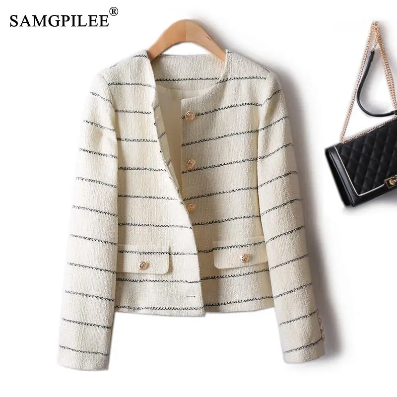 Fashion Elegant Coat 2022 Autumn Winter Woolen Single-breasted Short Striped Contrast Color Women's Cardigan Jacket Woman 4XL