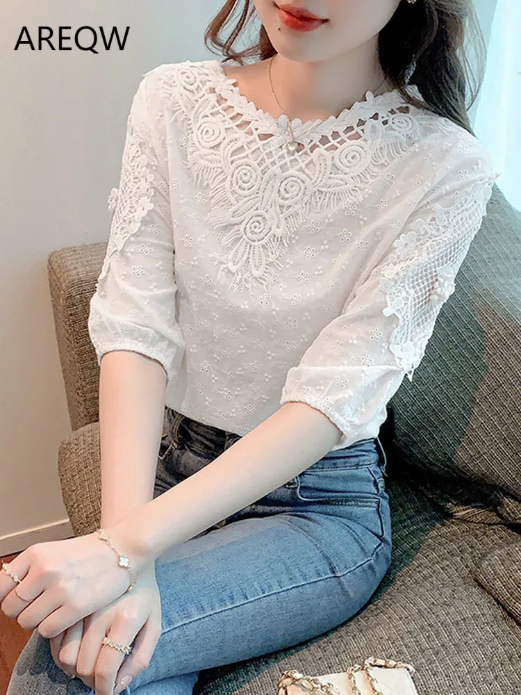 

O Neck Summer Flowers Lace Blouse Casual Short Sleeve Loose White Tops Chiffon Fashion Embroidered Cotton Shirts Blusas 19237