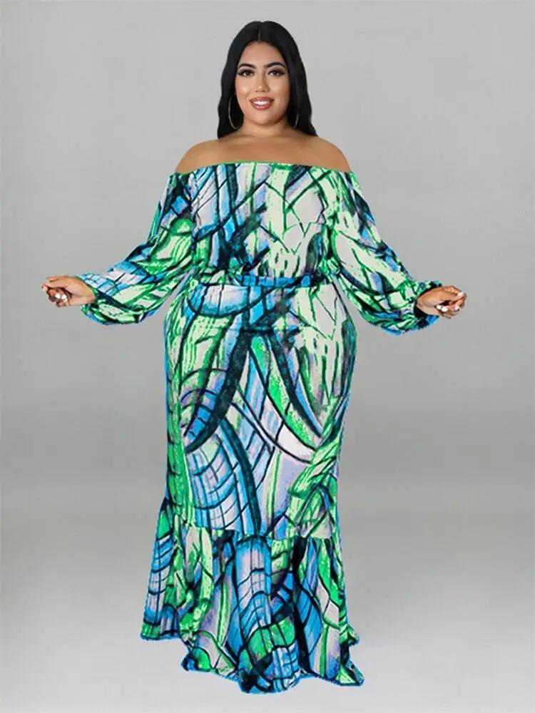 Clothing for Women Plus Size Two Piece Dress Set Long Sleeve Off The Shoulder Top Sexy Large Size Suit Wholesale Dropshipping
