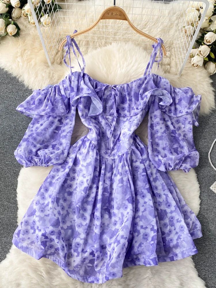 

Женское платье с открытыми плечами, корейская мода, Пляжная короткая юбка на бретельках с цветочным принтом, облегающее элегантное ТРАПЕЦИ...