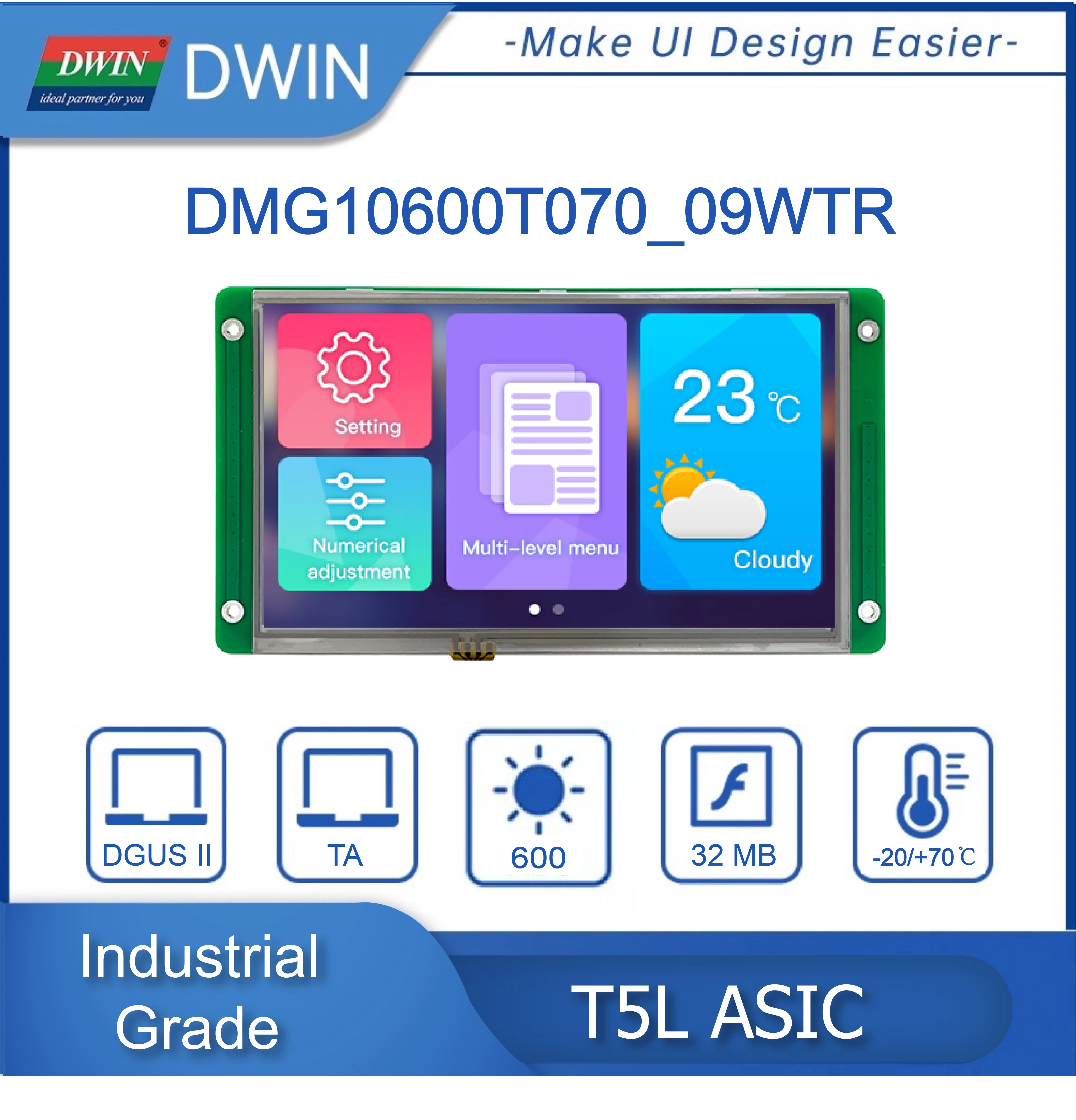 

DWIN 7 Inch 1024x600 TFT LCD HMI Display Module IPS Capacitive Resistive Touch Screen For Arduino DMG10600T070_09W