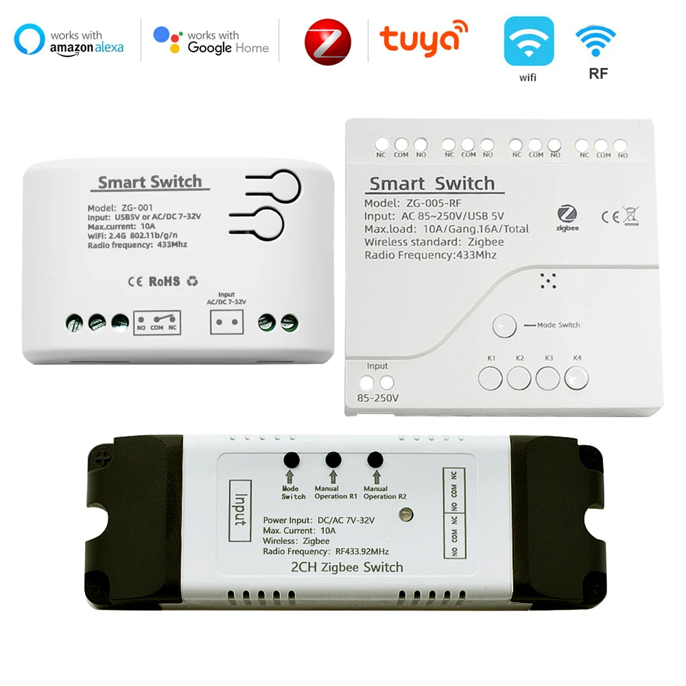 

Wi-Fi релейный выключатель Tuya ZigBee 3,0, умный выключатель света, радиочастотный модуль, автоматизация умного дома, «сделай сам», выключатель, 1/2/3 канала, переключатель постоянного тока/переменного тока, 7 В ~ 32 В