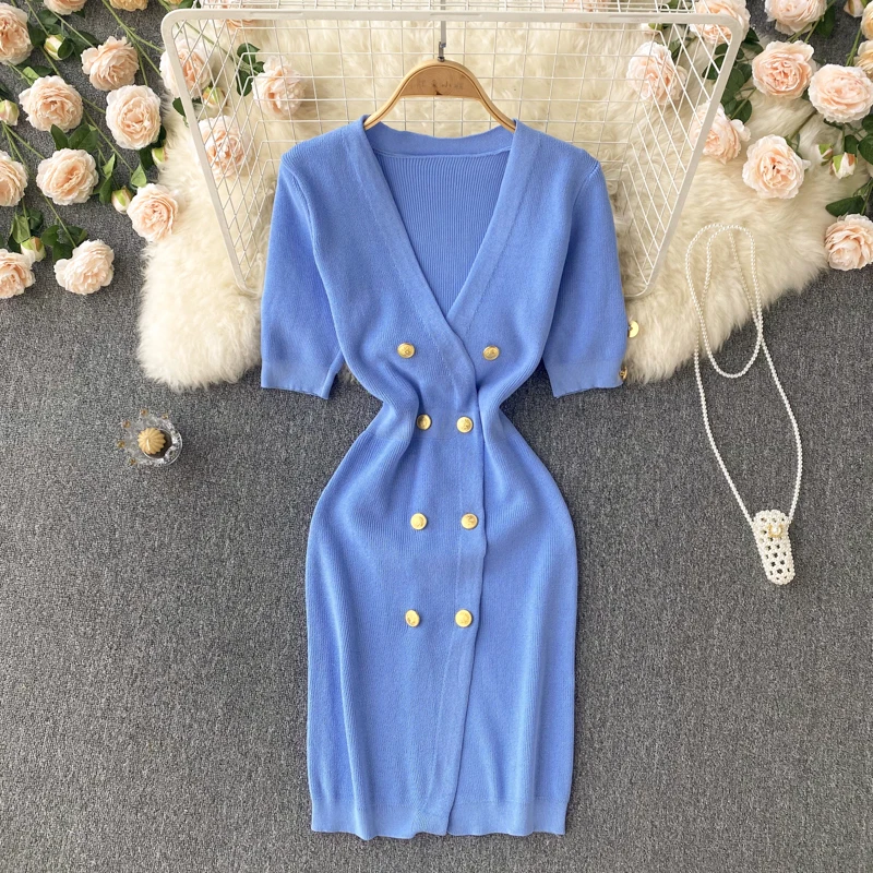 

Женское трикотажное платье во французском стиле, элегантное однотонное ТРАПЕЦИЕВИДНОЕ платье миди с V-образным вырезом для отпуска, лето 2022