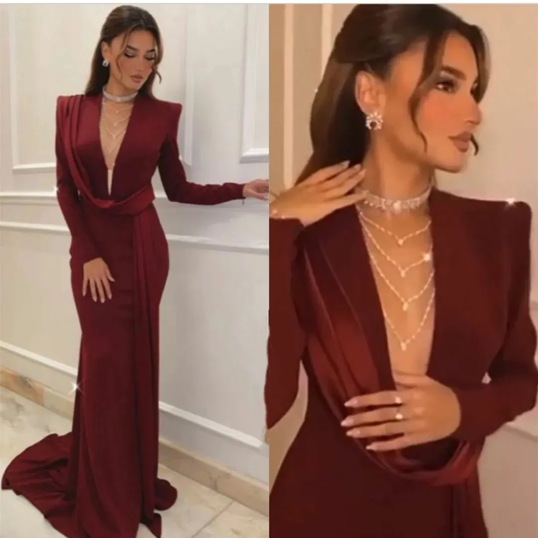 

Flora Dress Sexy Deep V-Neck Burgundy Satin Long Sleeves Evening Dresses Mermaid Court Train Formal Party Gown for Women 2023