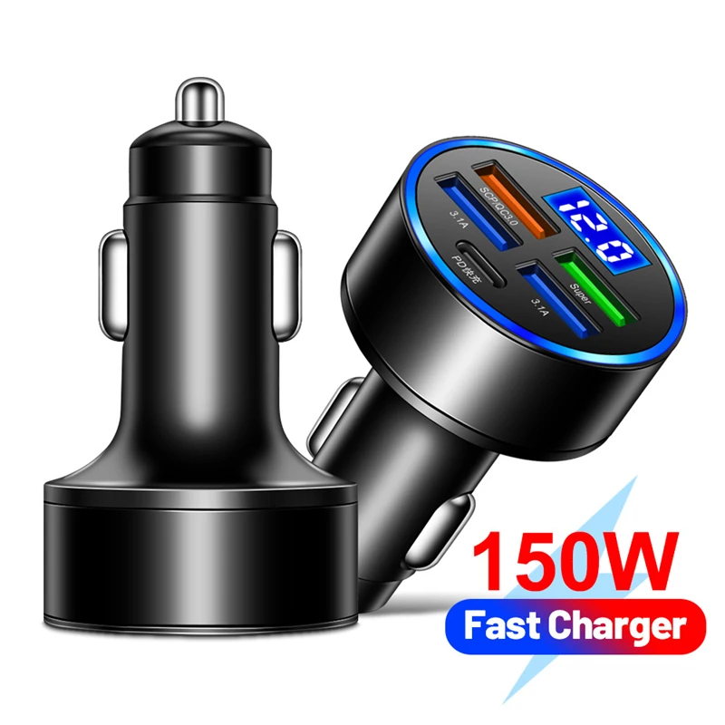 

150W Car Charger USB Type C PD Fast Charging Quick Charge 3.0 For Iphone 14 Samsung Xiaomi Huawei LED Display Car Phone Adapter
