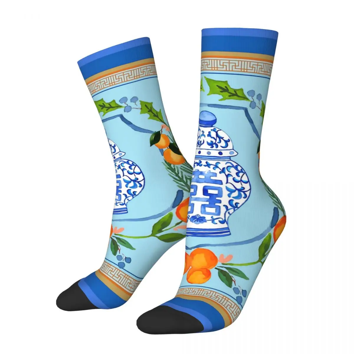 

Hip Hop Vintage Chinoiserie Mandarin Ginger Jar Double Happiness Fretwork Crazy Men's Socks Unisex China Style Printed Sock