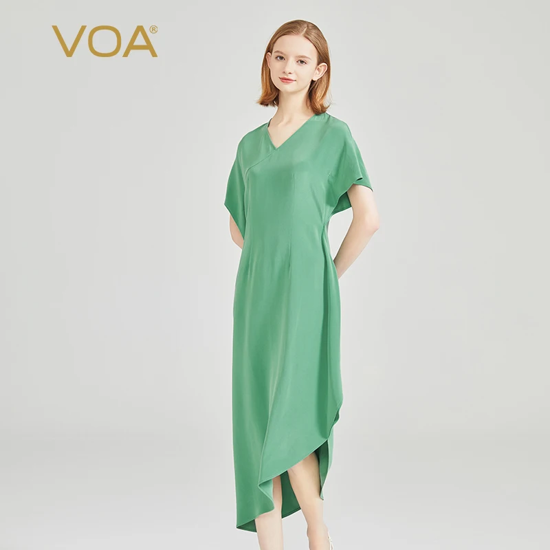

Женское шелковое платье VOA Spruce Green 30 Momme, шелковое платье с v-образным вырезом, реглан с коротким рукавом, шелковое ароматное платье AE2099