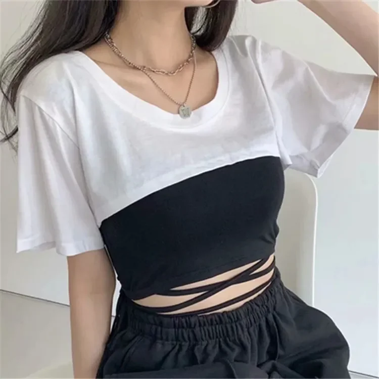 

sexy ladies summer 2023 super brief paragraph leakage chest female overall arc hem t-shirts with short sleeves