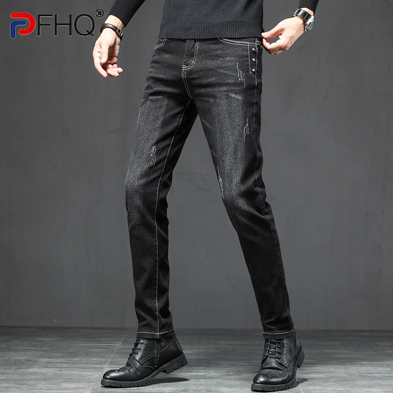 

Осенние мужские прямые повседневные джинсы PFHQ 2023, деловые элегантные Стрейчевые облегающие стильные джинсовые брюки, мужские Роскошные бр...