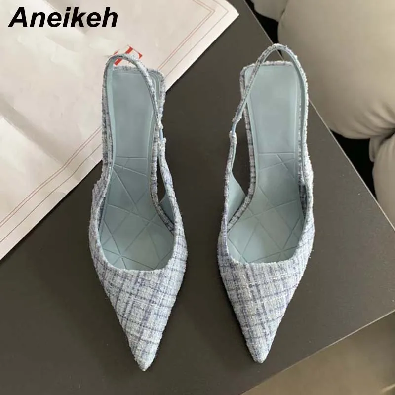 

Aneikeh 2024 модные элегантные заостренные высокие каблуки летние новые открытые каблуки клетчатые хлопковые нескользящие однотонные туфли для женщин для работы 35-39