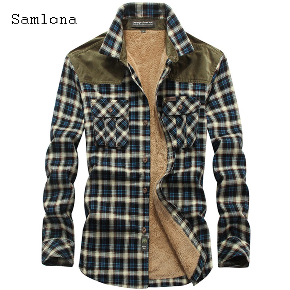 

Samlona Мужские Винтажные толстые плюшевые рубашки 2023 зимняя бархатная блузка в английском стиле Модные клетчатые Топы Новая повседневная облегающая мужская верхняя одежда