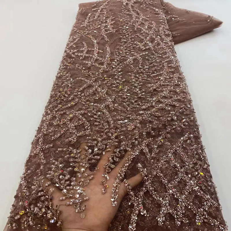 

High Quality Beads Sequins Luxury Bridal Lace Fabric 2023 Latest Hand Beading Lace Fabric Heavy African Tulle Lace TS1996