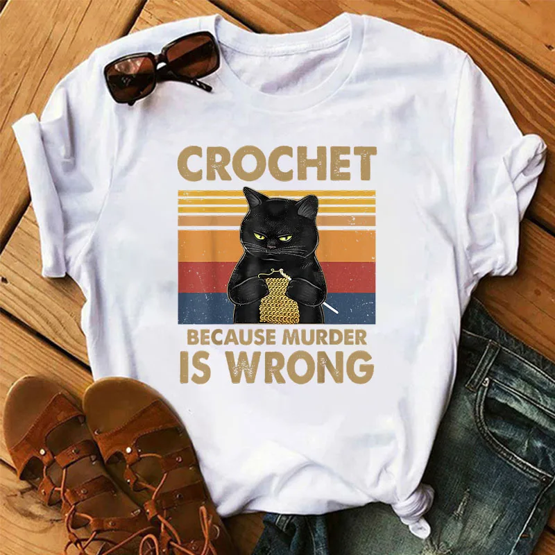 

Crochet Because Murder Is Wrong Summer Fashion Women's Tops Streetwear Stripe Letter Printed Female Causal Animal Shirts Tees