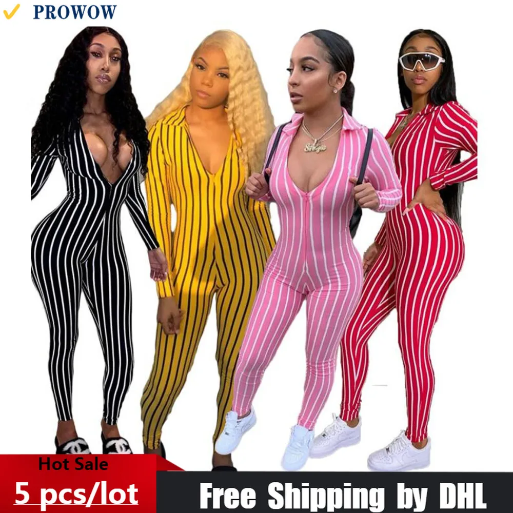 

Bulk Items Wholesale Lots Women Jumpsuit Sexy Deep V Romper Pants Bodycon Stripe Print Overall Long Sleeve One Piece Outfit 8277