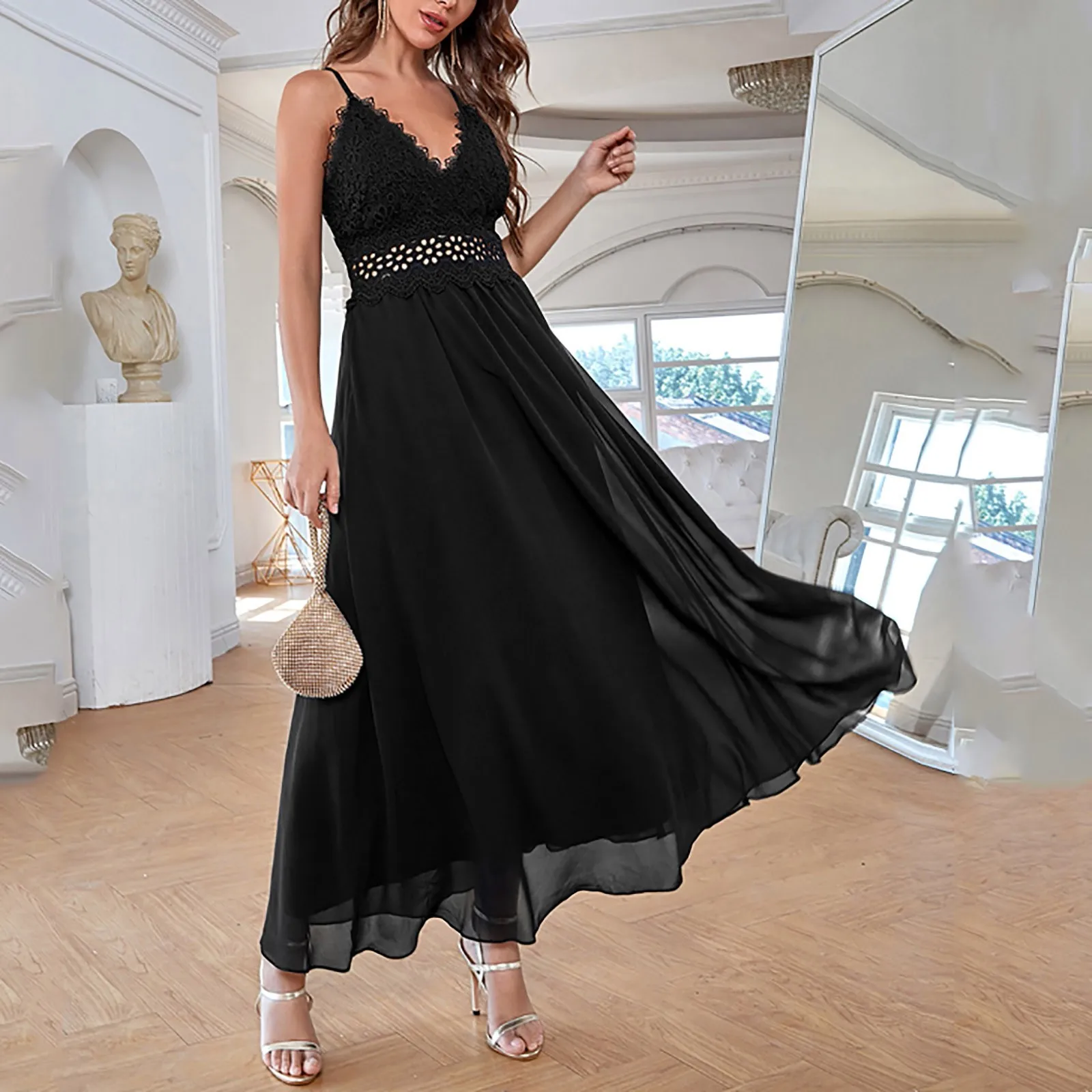 

Популярное женское летнее шифоновое платье-макси, сексуальное длинное вечернее платье в стиле бохо, Пляжное Платье, сарафан, черные кружевн...