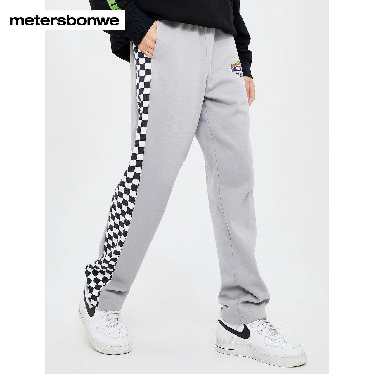 Metersbonwe Fleece Casual Pants Men 2022 Winter New Checkerboard Stitching Knitted Ttrousers Gray Popular Straight pant Brand