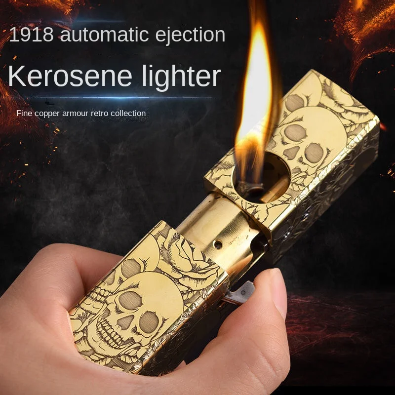 

Automatic bouncing kerosene lighter catapult carved pure copper DIY manual windproof lighter cigarette accessories novel lighter