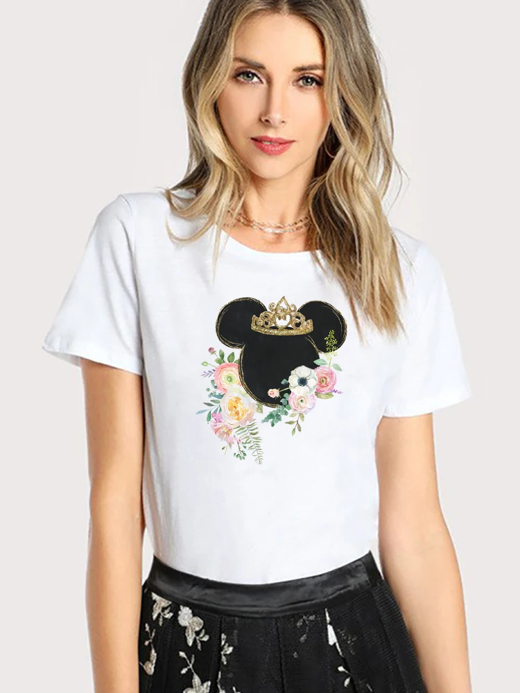 

Comfy Disney Dropship Female T Shirts Casual White Short Sleeve Lady Trend Flower Graphic Mickey Mouse Head Print Women T-Shirts