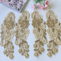 1 pair gold sequin embroidery patch couture mesh lace flower rhinestone bead sew clothing bridal wedding motif applique 3010cm