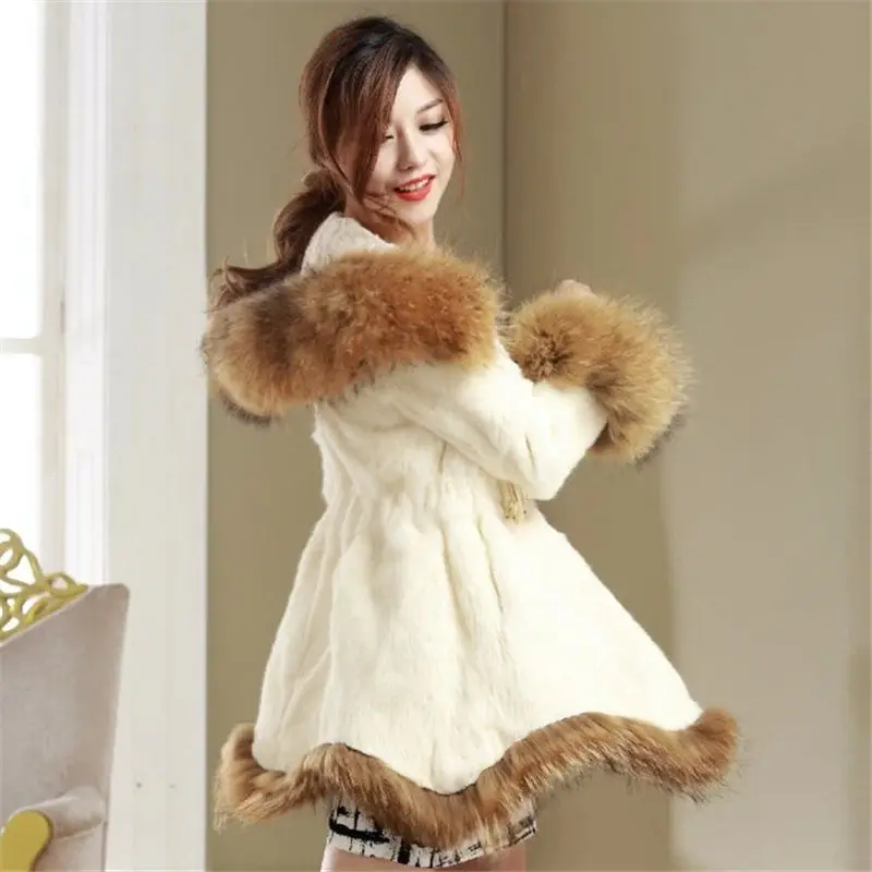 Women's Leather Fur Coat Autumn and Winter Faux Fur Coat Women's Mid-Length Hooded Fox Fur Collar Mink Fur Coat Faux Fur Coat