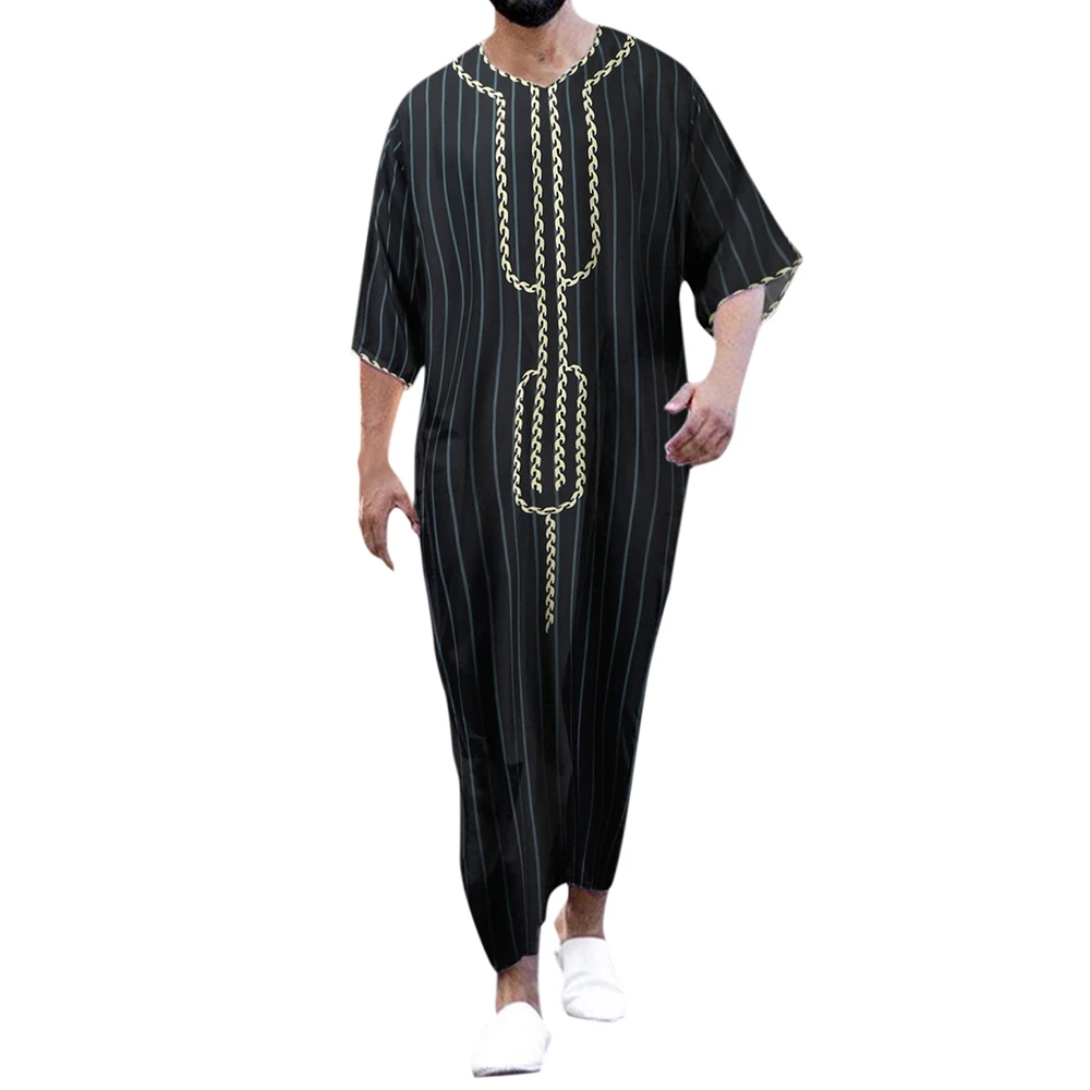 2023 New Muslim Ethnic V Neck Men Totem Striped Robe Saudi Arabian Clothing Khamis Muslim Robe Robe Islam Eid Mubarak Kameez Tob