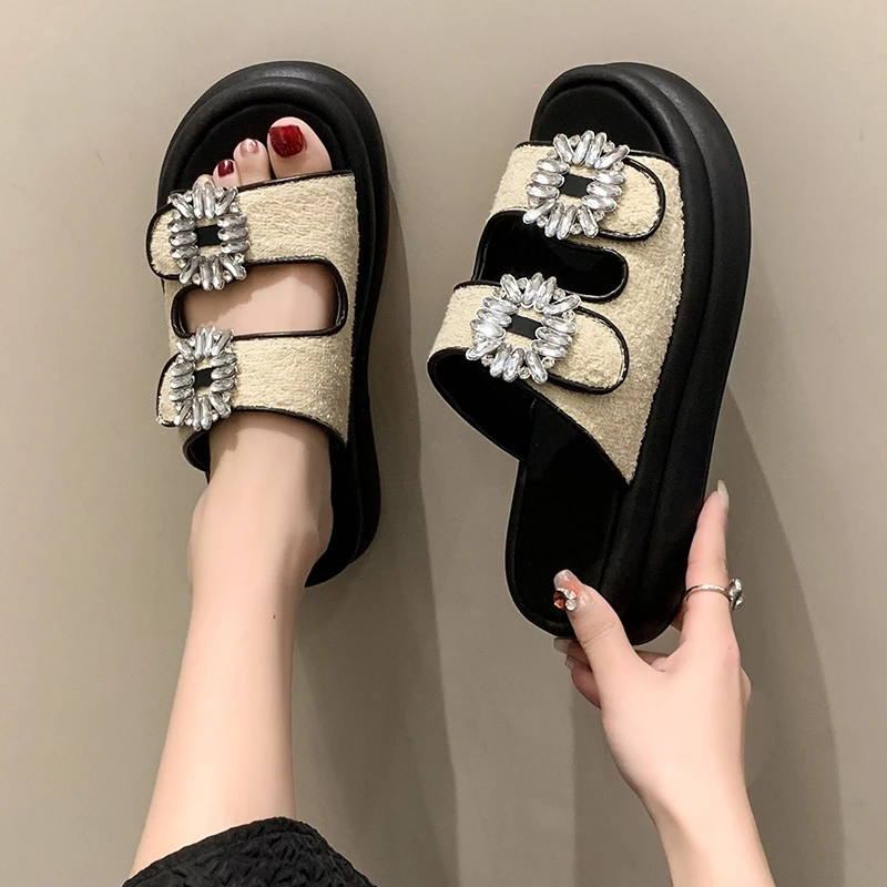 

Женские кожаные сандалии со стразами, босоножки на платформе и высоком каблуке, модные пляжные тапки с двойной пряжкой и ремешком, 2023