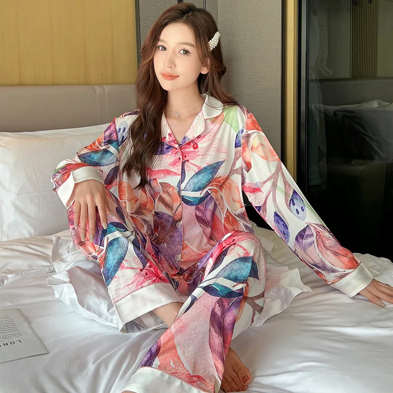 

FALLINLAOE Women's Pajamas Set Fashion Colorful Leaves Print Leisure Sleepwear Silk Like Long Homewear Nightwear Femme Petite