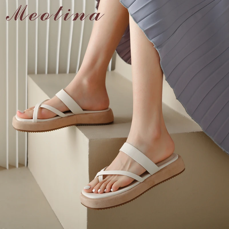 

Meotina Women Genuine Leather Sandals Square Toe Flat Platform Slippers Thong Design Slides Summer Ladies Shoes Beige 40