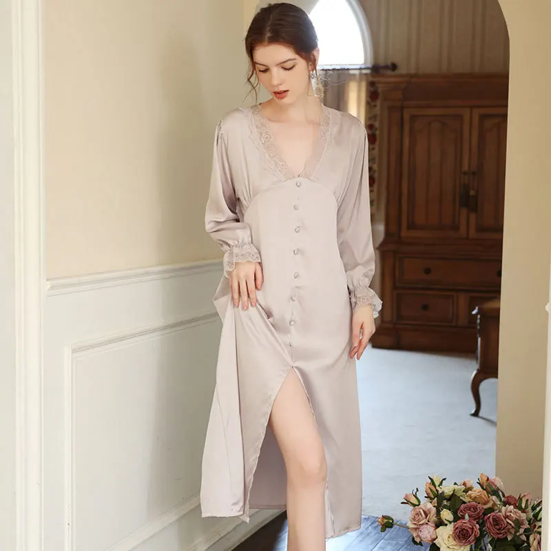 The New High Quality Sexy Women NightwearIce Sleep Dress Silk Nightdress French Vintage Nightgowns Princess Long Skirt Sleepwear