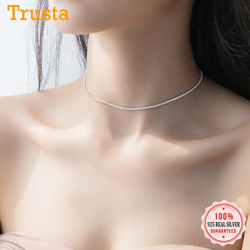 TrustDavis Genuine 925 Sterling Silver Temperament Sweet Choker Dazzling CZ Clavicle Necklace For Women Wedding Jewelry DS1869
