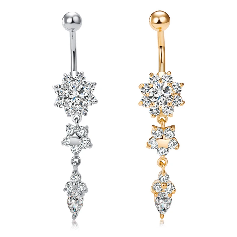 

1Pc 14G Belly Bar Zircon Flower Navel Ring Dangle Belly Piercing Jewelry Rose Gold Drop Earrings for Women Belly Button Rings