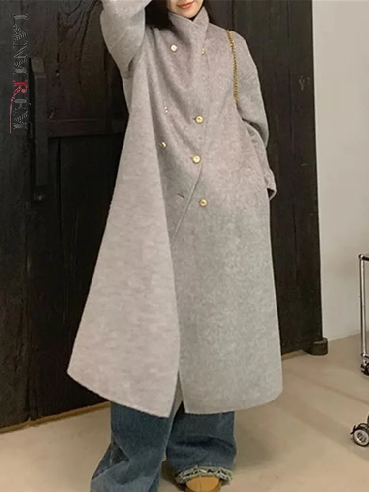

LANMREM 2023 зимнее новое длинное шерстяное пальто Женская модная двубортная однотонная одежда с воротником-стойкой корейский стиль 2AA3150