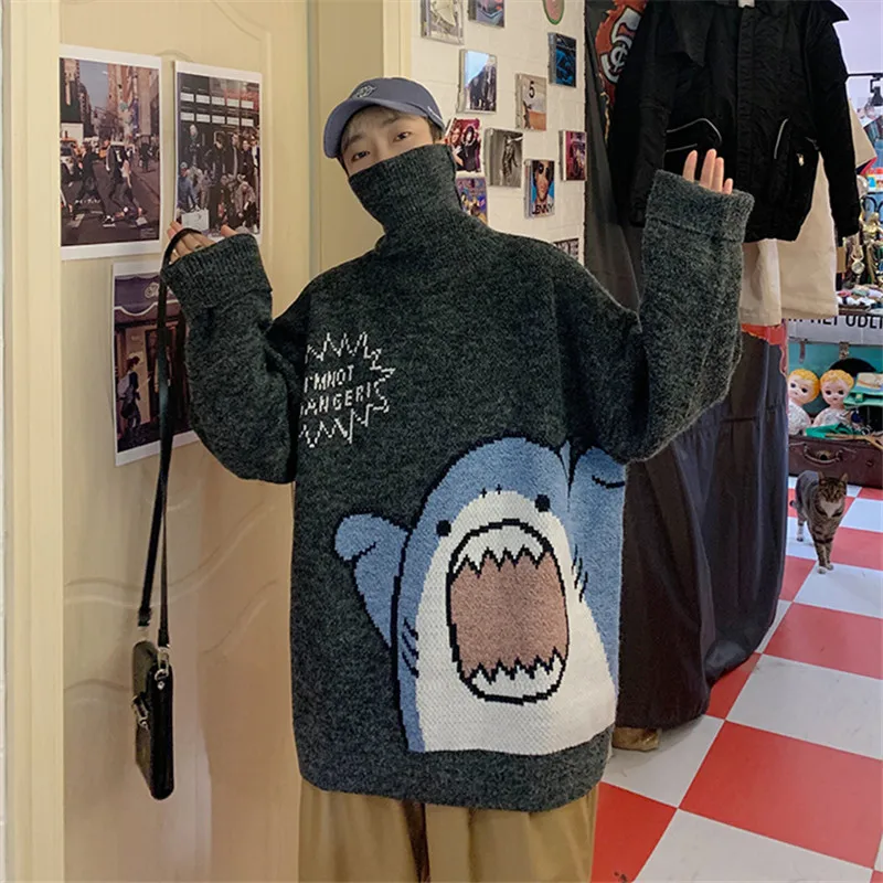 2023 Winter Men Turtlenecks Shark Sweater Men Patchwor Harajuku Korean Style High Neck Oversized Grey Turtleneck Pullover Men