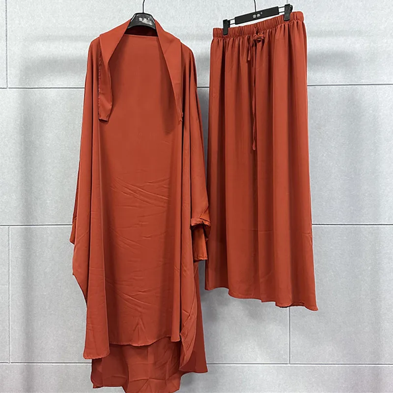 Solid Color Hooded Muslim Women Hijab Dress Eid  Ramadan Islamic Jilbeb 2 Piece Set Islamic  Long Dresses Muslim Saudi Robe