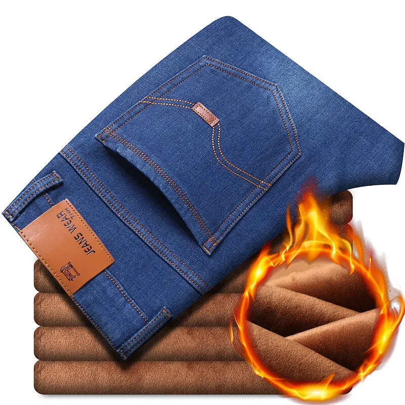 

28-40 Fleece Men’s Jeans Fall/Winter Thicken Straight Pants Business Classic Men’s Warm Denim Pants Brand Men’s Jeans